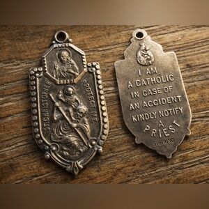 Vintage Sterling Silver Catholic ID Medal St. Christopher Protect Me